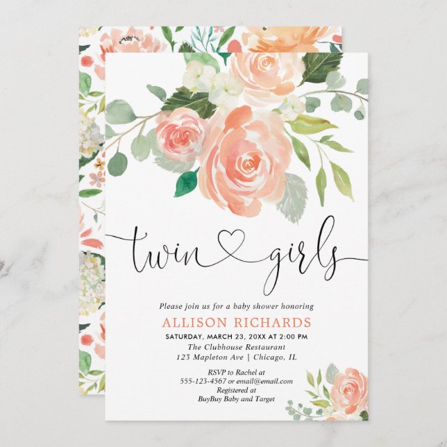 Doppelmädchen-Babyparty-BlumenAquarelle Einladung (Vorne/Hinten)