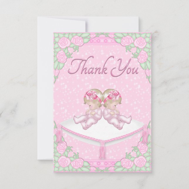 Doppelmädchen-, Kissen-und Rosen-Rosa danken Ihnen Dankeskarte (Vorderseite)