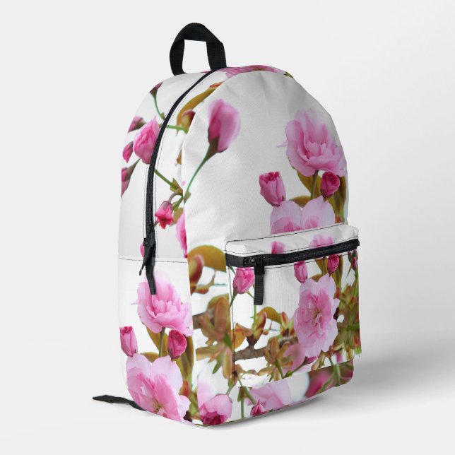 Doppelrosa Kirschblüten Begrüßungsfeder Bedruckter Rucksack (Rückseitige Ecke links)