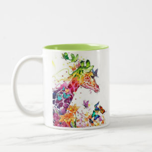 Doppelseitige bunte Giraffe mit Schmetterlingen Zweifarbige Tasse