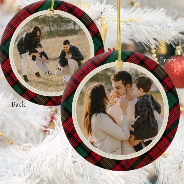 Doppelseitige Fotos Elegantes Grünes Rot Kariert Keramik Ornament (Double Sided Photos Elegant Green Red Plaid Ceramic Ornament)