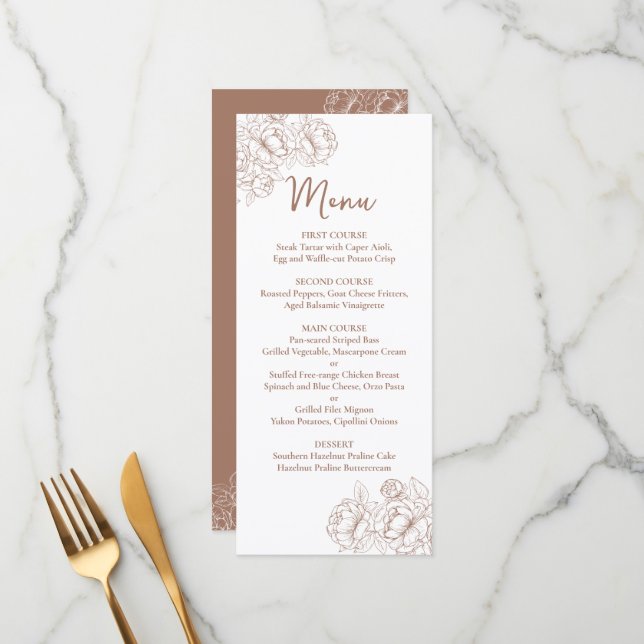 Doppelseitige Mocha Mousse Boho Blumenhochzeit Bar Menükarte (Vorderseite/Rückseite Beispiel)