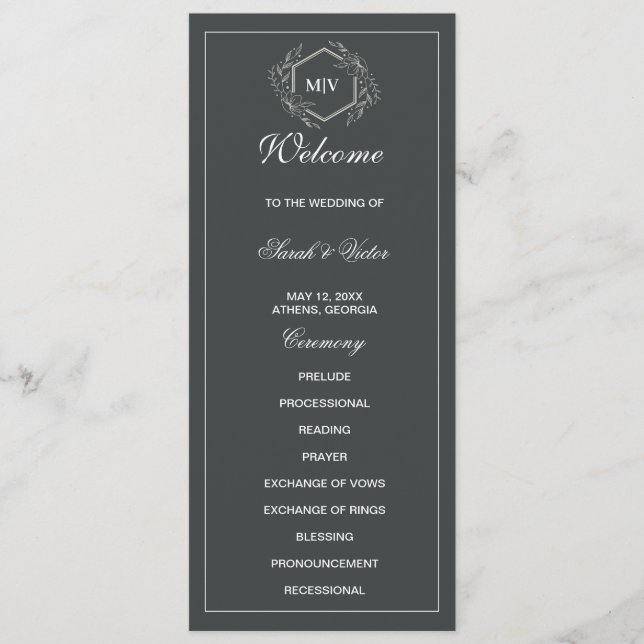 Doppelseitige Programmkarte Charcoal Gray Monogram Programm (Vorderseite)