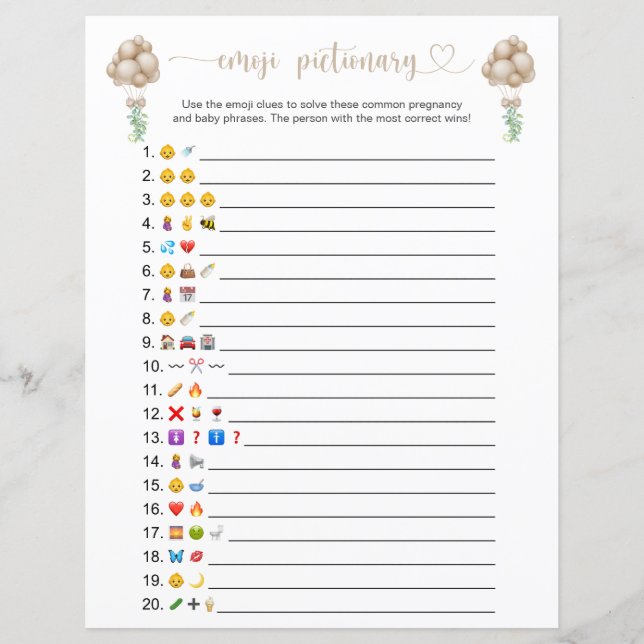 Doppelseitiges Boho Balloons Emoji Pictionary Game (Vorderseite)