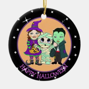 Doppelseitiges Halloween-Kind und Fledermäuse Keep Keramik Ornament