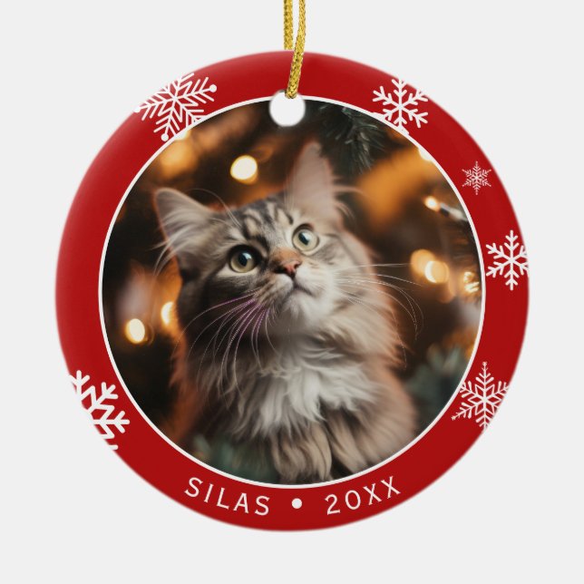Doppelseitiges Katzenfoto-Andenken-Weihnachtsbauma Keramik Ornament (Vorne)
