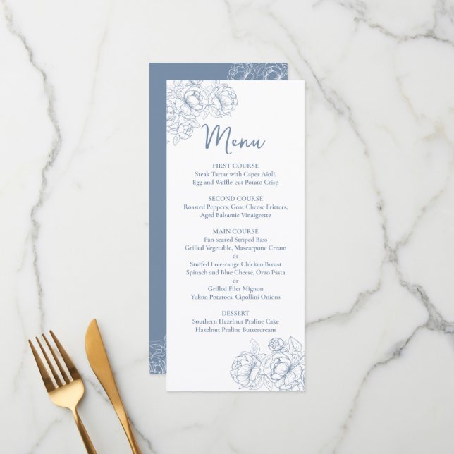 Doppelseitiges Periwinkle Boho Floral Wedding Drin Menükarte (Vorderseite/Rückseite Beispiel)