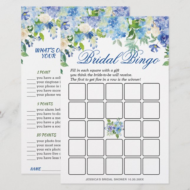 DOPPELSIDED Blue Hydrangea Brautparty Game (Vorne/Hinten)
