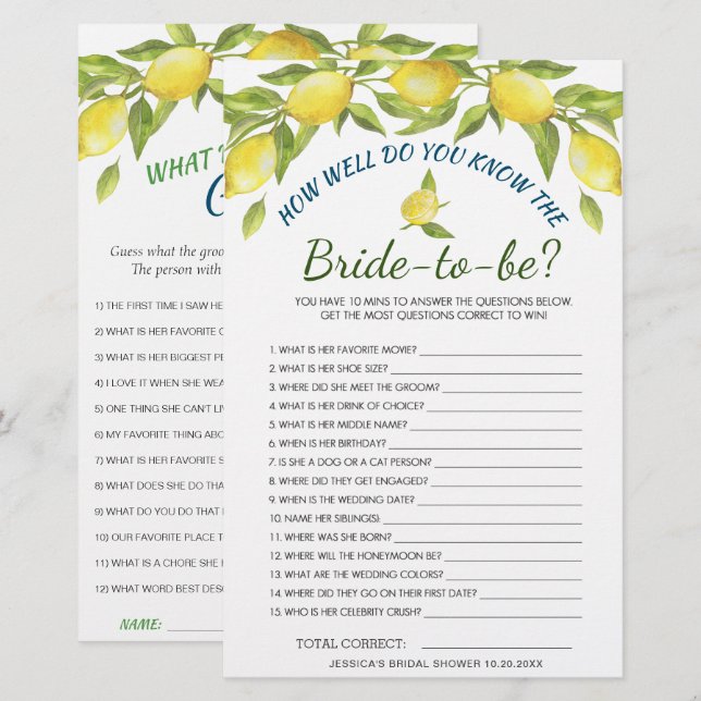 DOPPELSIDED Lemons & Greenery Brautparty Game (Vorne/Hinten)