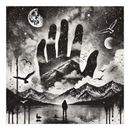 Doppelte Exposition Hand in Berglandschaft Himmel Fotodruck