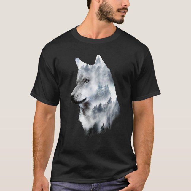 Doppelte Exposition Wolf Wölfe Liebesgeschenk küns T-Shirt (Vorderseite)