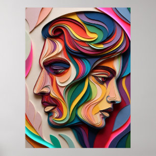 Doppelte Gesichter in mehrfarbiger abstrakter Schi Poster