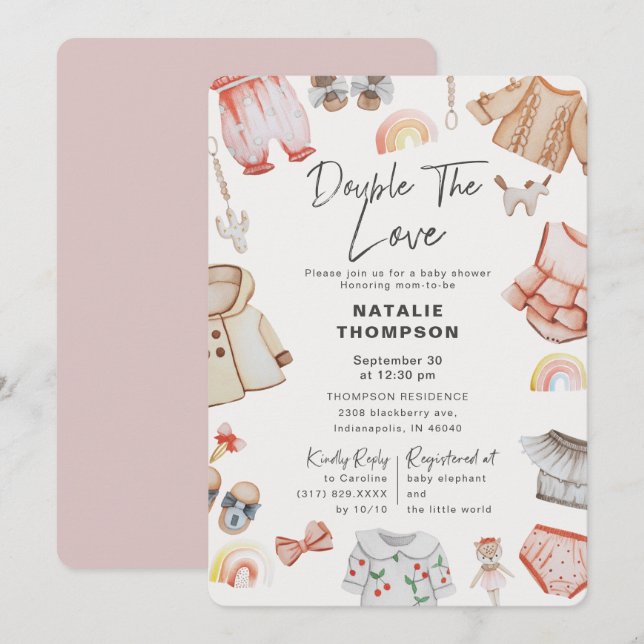 Doppelte Liebe Girl Twins Pink Baby Dusche Einladung (Vorne/Hinten)