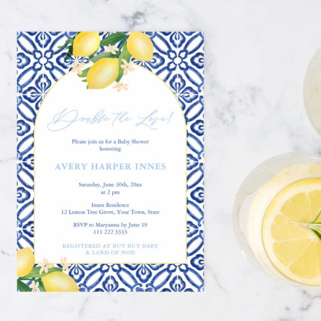 Doppelte Liebe italienische Babydusche für zwei Ju Einladung (Double The Love Italian Lemons Theme Baby Shower Party Invitation to welcome twin boys)