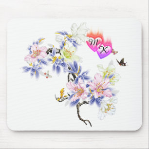 Doppelte Monogramm Flammenhefte mit Blume Mousepad