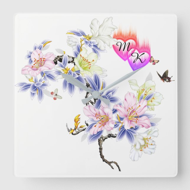 Doppelte Monogramm Flammenhefte mit Blume Quadratische Wanduhr (Vorderseite)