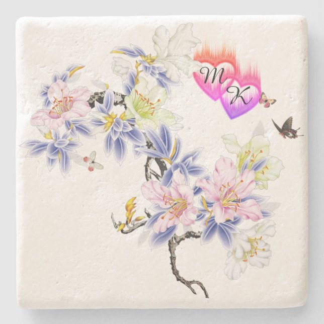 Doppelte Monogramm Flammenhefte mit Blume Steinuntersetzer (Vorderseite)
