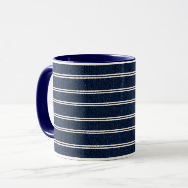 Doppelte Pinstripes Navy Blau Elfenbein Webstruktu Tasse (Vorderseite Links)