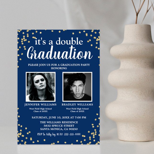 Doppelter Abschluss Zwei Foto Graduate Blue Einladung (Von Creator hochgeladen)