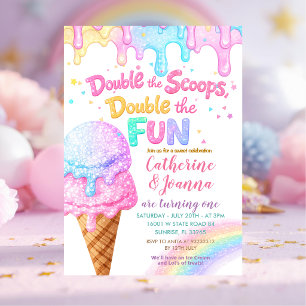 Doppelter Scoops Geburtstag Eiscreme Glitter Einladung