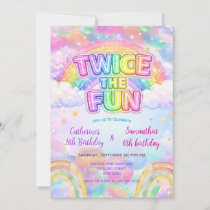 Doppelter Spaß Regenbogen-Geschwister-Geburtstag Einladung