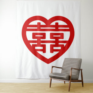 Doppeltes Glück 囍 Shuangxi Chinesisch Hanzi Herz Wandteppich