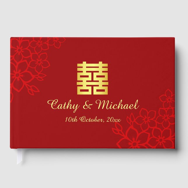 Doppeltes Glück floraler Hintergrund Chinesische H Gästebuch (Vorderseite)