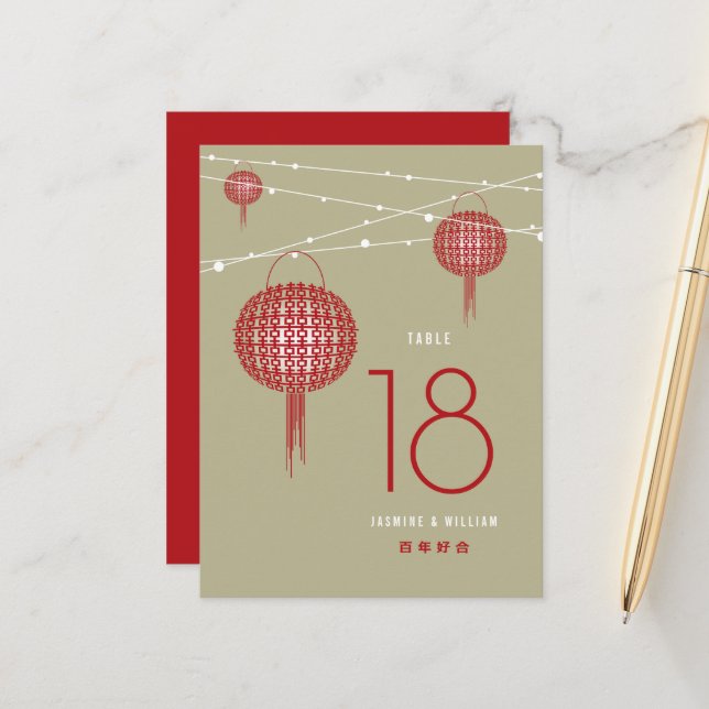 Doppeltes Glück Red Lanterns Chinesische Tischnumm Ankündigungspostkarte (Vorderseite/Rückseite Beispiel)