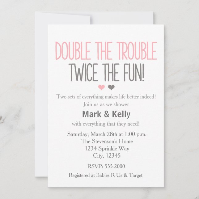 Doppeltes Problem TWINS Baby Dusche Einladung (Vorderseite)