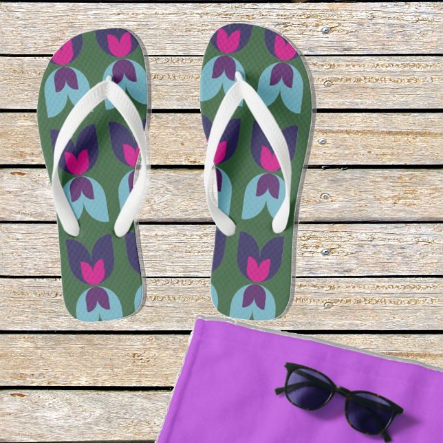Doppeltes Tulipenmuster in Grün- und Blautafeln Flip Flops (Von Creator hochgeladen)