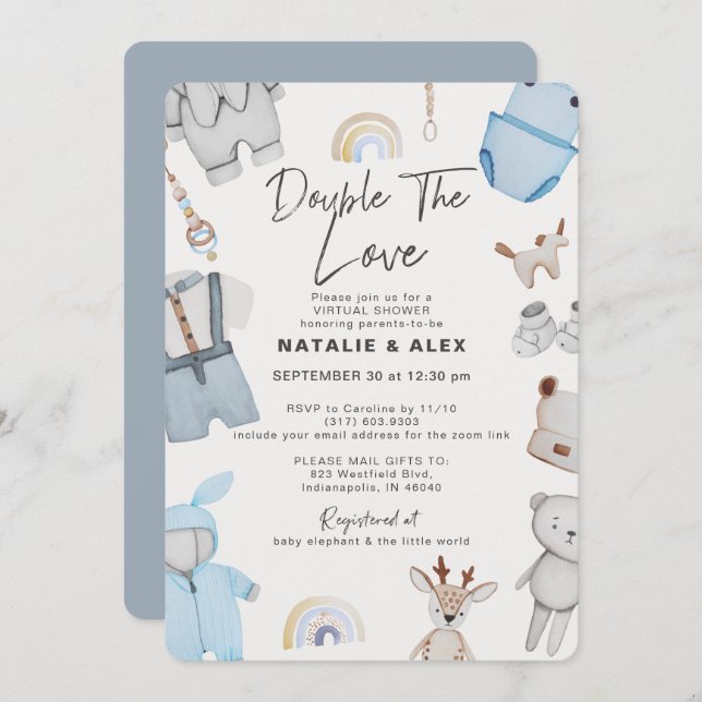 Doppeltrouble Clothes Zwillingsboy Virtual Dusche  Einladung (Vorne/Hinten)