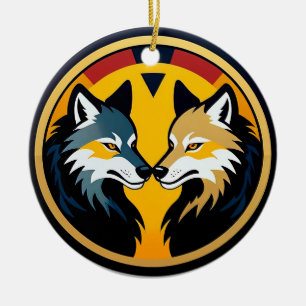 Doppelwolf-Emblem-Logo mit goldenem Kreis Keramik Ornament
