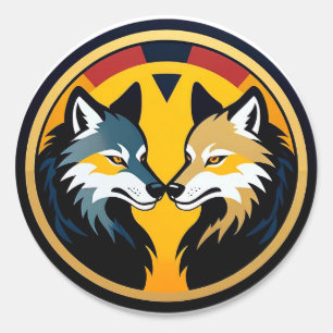 Doppelwolf-Emblem-Logo mit goldenem Kreis Runder Aufkleber