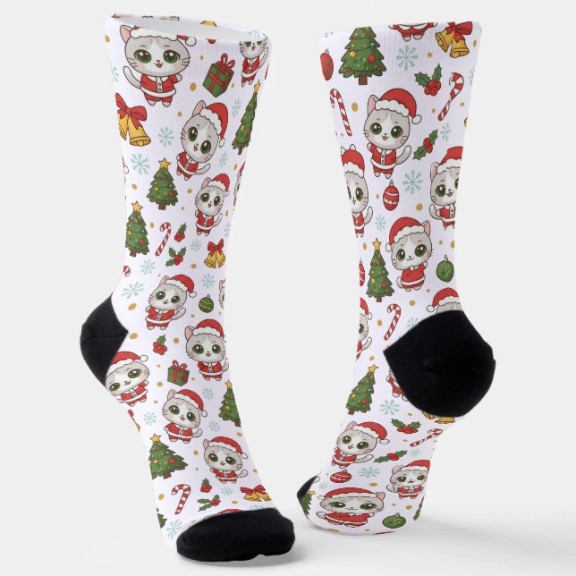 dorable Kitten And Christmas Icons Pattern Holiday Socken (Gewinkelt)