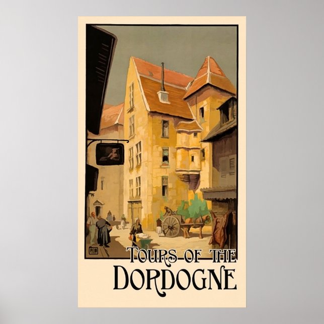 Dordogne-Tour, Stadt, Häuser, Frankreich, Vintage- Poster (Vorne)