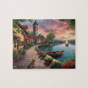 Dorf am See bei Sonnenuntergang mit Hund Puzzle