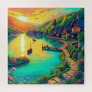 Dorf am See bei Sonnenuntergang Puzzle