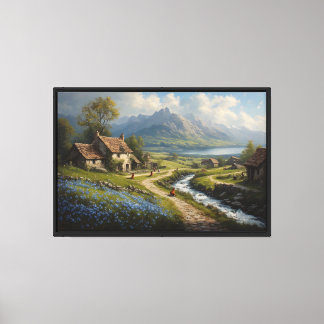 Dorf an einem Fluss mit Bergen und blauen Blumen Leinwanddruck