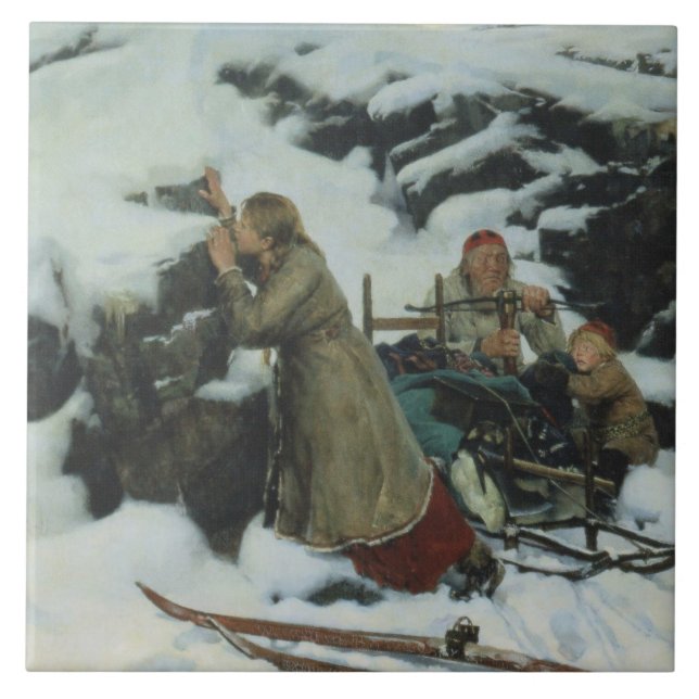 Dorf Burnt im Winter (von Albert Edelfelt) Fliese (Vorderseite)