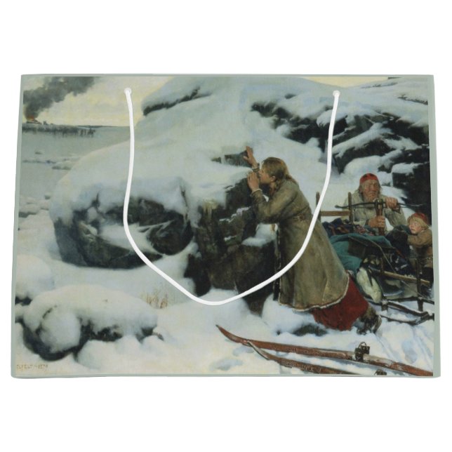 Dorf Burnt im Winter (von Albert Edelfelt) Große Geschenktüte (Vorderseite)