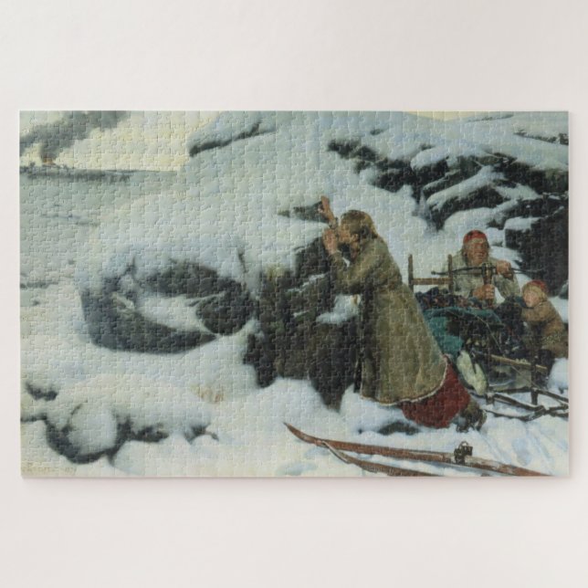 Dorf Burnt im Winter (von Albert Edelfelt) Puzzle (Horizontal)