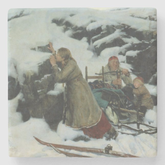 Dorf Burnt im Winter (von Albert Edelfelt) Steinuntersetzer (Vorderseite)