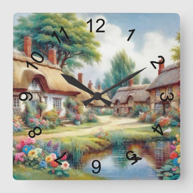 Dorf Quadratische Wanduhr (Vorderseite)