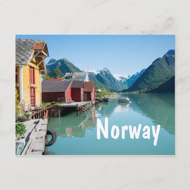 Dorf und ein Fjord in Norwegen Text Postkarte (Vorderseite)