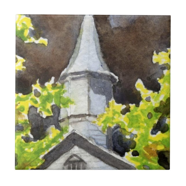 Dorfkirche mit dunklem Sturm hinter sich Fliese (Vorderseite)