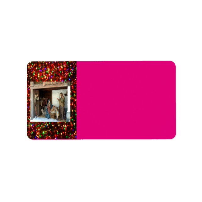 Dorfkrippe unter Canopy mehrfarbige Sterne Adressaufkleber (Vorne)