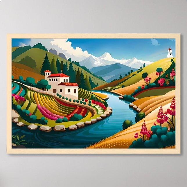 Dorfmalerei mit Rocky River und Lush Fields Poster (Village Painting with Rocky River and Lush Fields)