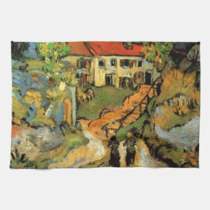 Dorfstraße und Treppen Auvers, Figuren Geschirrtuch