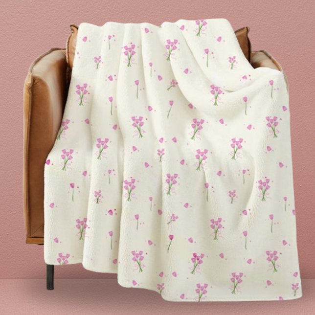 Dorm Modern Girly Pink Tulips Floral Fleecedecke (Throw Blanket)