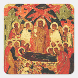 Dormition der Mutter Gottes orthodoxe Ikone Quadratischer Aufkleber